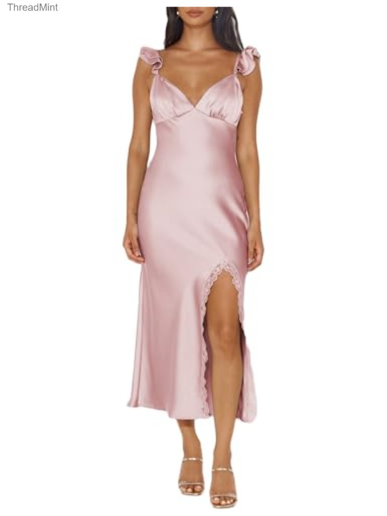 Satin Backless V-Neck Spaghetti Strap Maxi Dress With Slit For Women